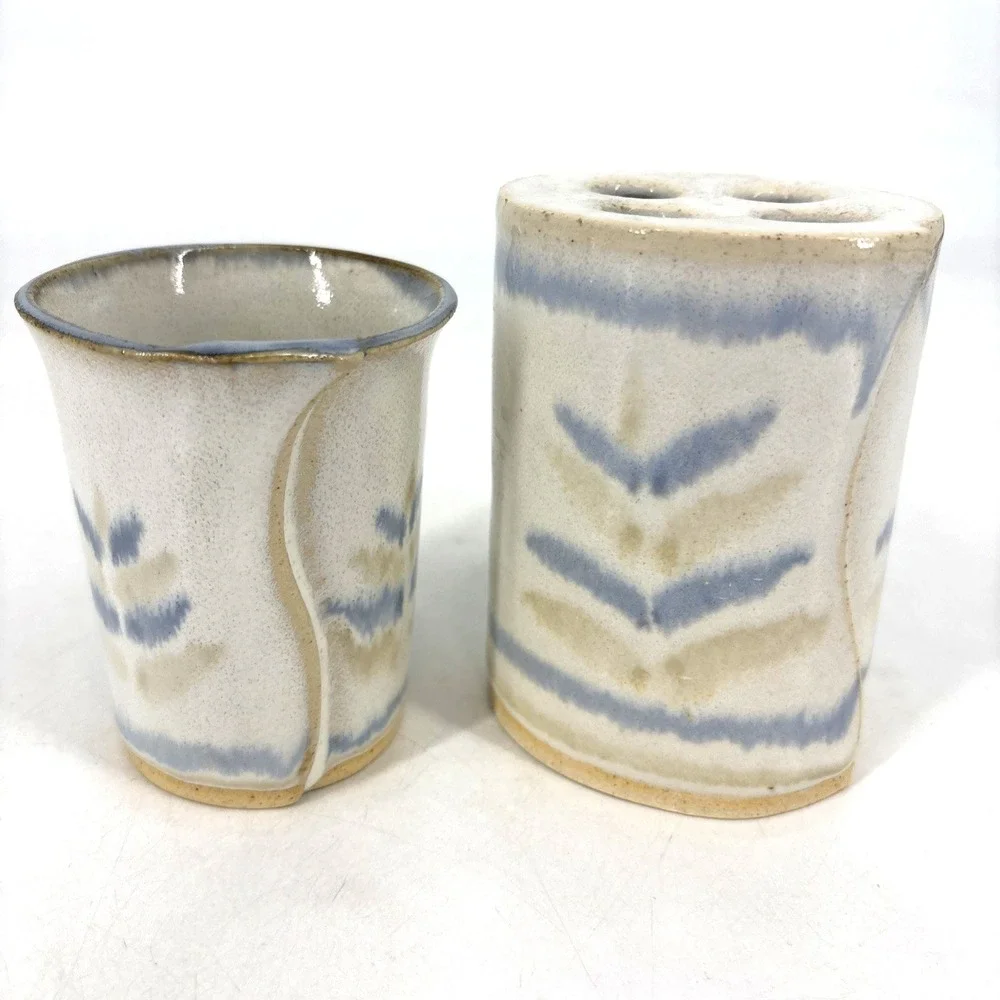 Handcrafted Bay Pottery Blue Tan Glaze Toothbrush Holder and Bathroom Water Cup